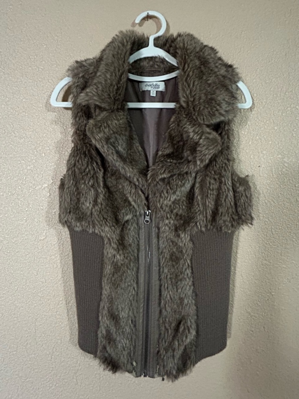 Charlotte Russe Brown Faux Fur & Knit Zip Vest